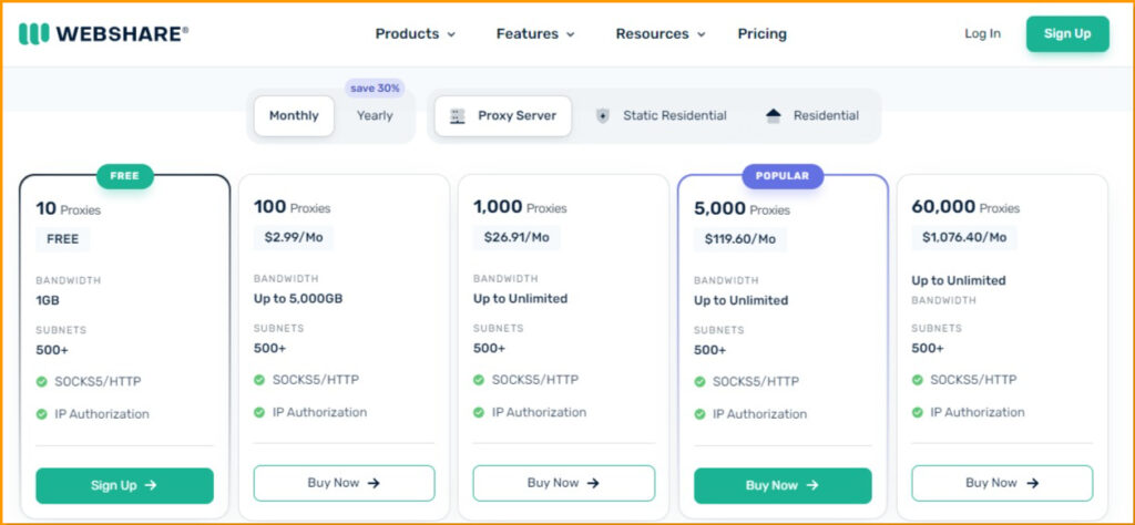 Webshare Pricing Plans